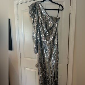 Michael Costello x Revolve silver sequin one shoulder dress